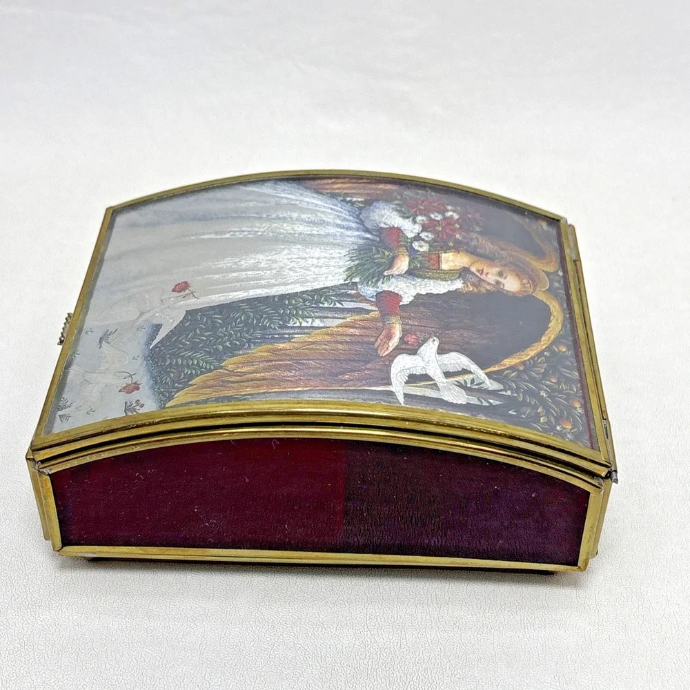 Vintage 90s Angel Glass Jewelry Music Box Ave Maria Enesco Lynn Bywaters Foil